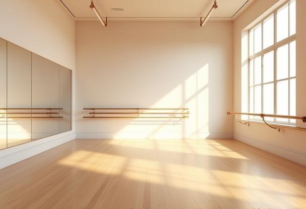 Bright dance studio with mirrors and barres, ready for practice.